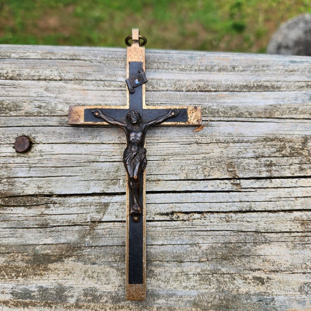 Large Antique Pectoral Ebony Wood Inlay Crucifix Cross 5.5" Religious Wall Hangi